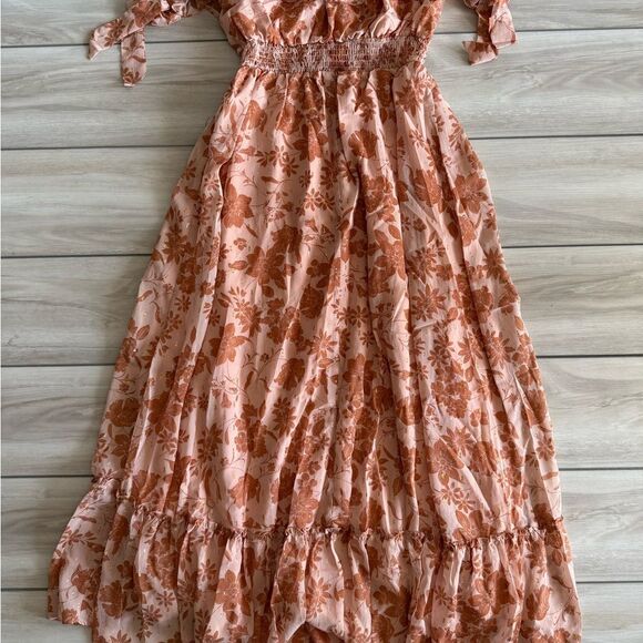 Lulus Love & Blooms Blush Floral Print Off Shoulder Dress M Peach NWT IN PKG - Picture 6 of 9